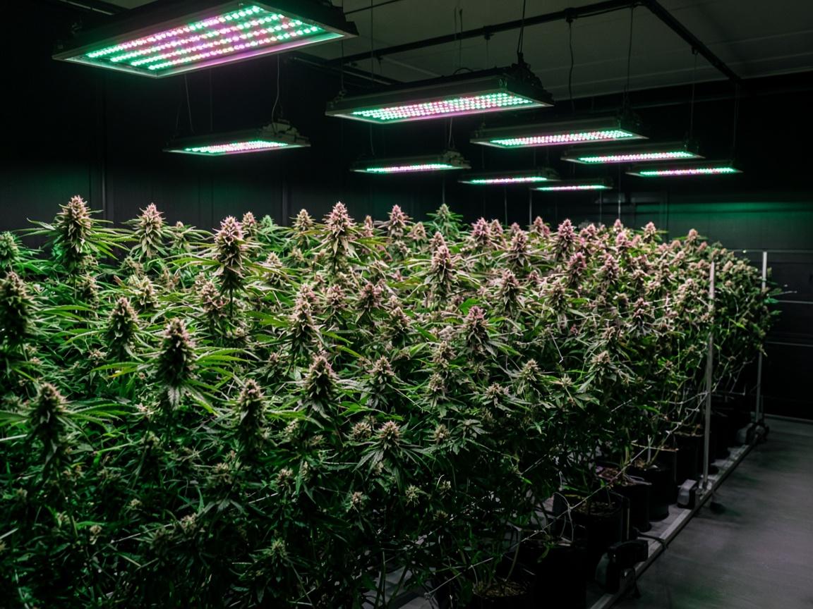 Indoor cannabis cultivation room under LED grow lights